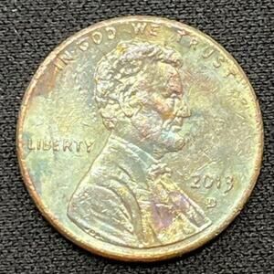 2013-D Lincoln Penny One Cent Soft Rainbow Toned Handmade Art Coin #50